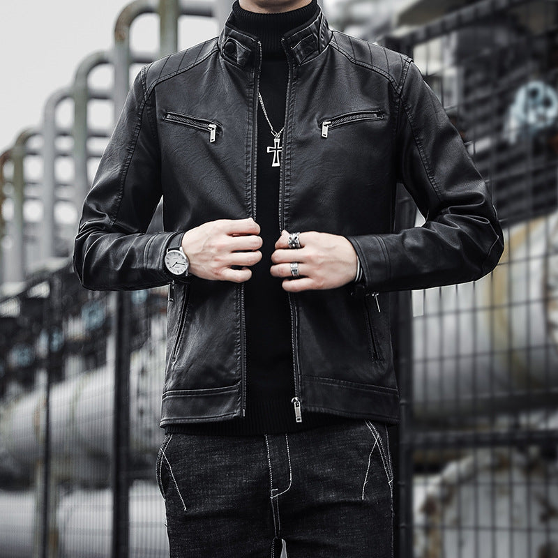 Herr Konstläder Moto Jacka i Aviator Stil med Stående Krage och Funktionell Dragkedjor