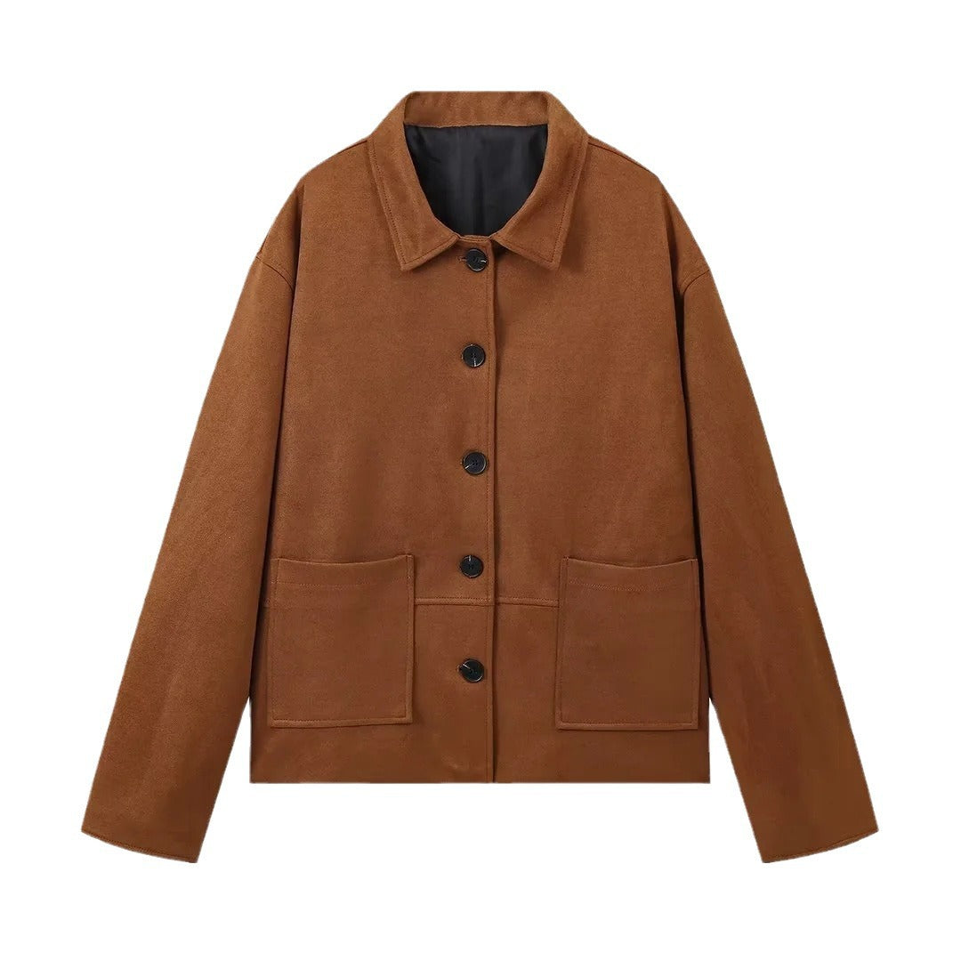 Dam 100+ Oversize Suede Look Blouson Jacka med Patch Fickor och Knapp Knäppning