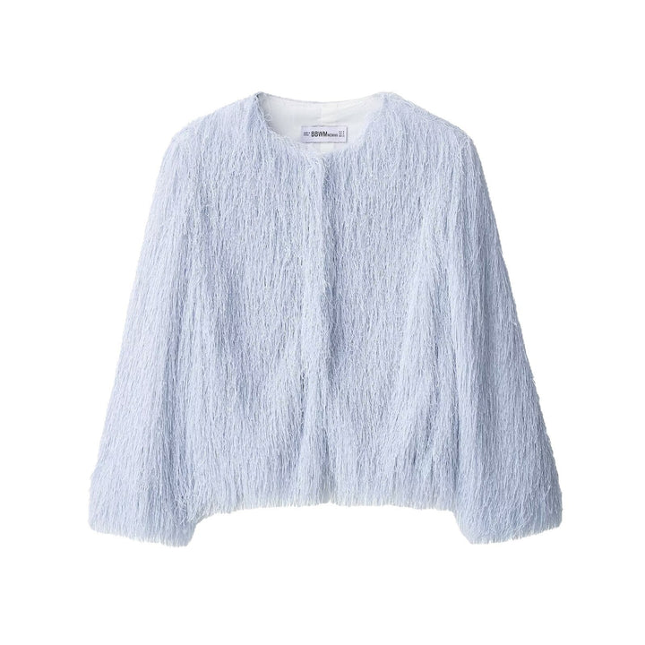Dam Fluffy Fringe Jacka med Round Neckline och Boxig Skärning