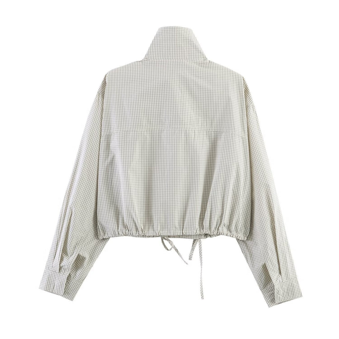 Dam kort Windbreaker med ståkrage, rutig mönster och dragsko