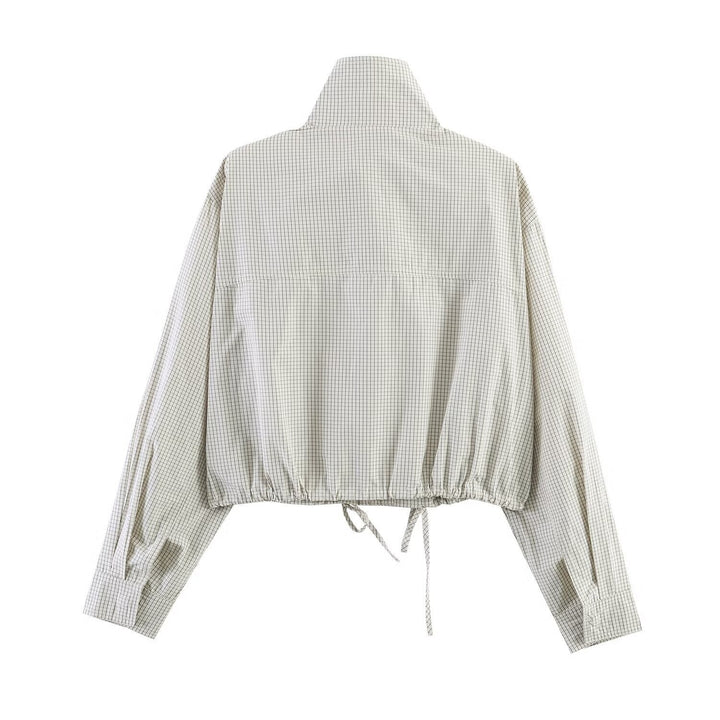 Dam kort Windbreaker med ståkrage, rutig mönster och dragsko