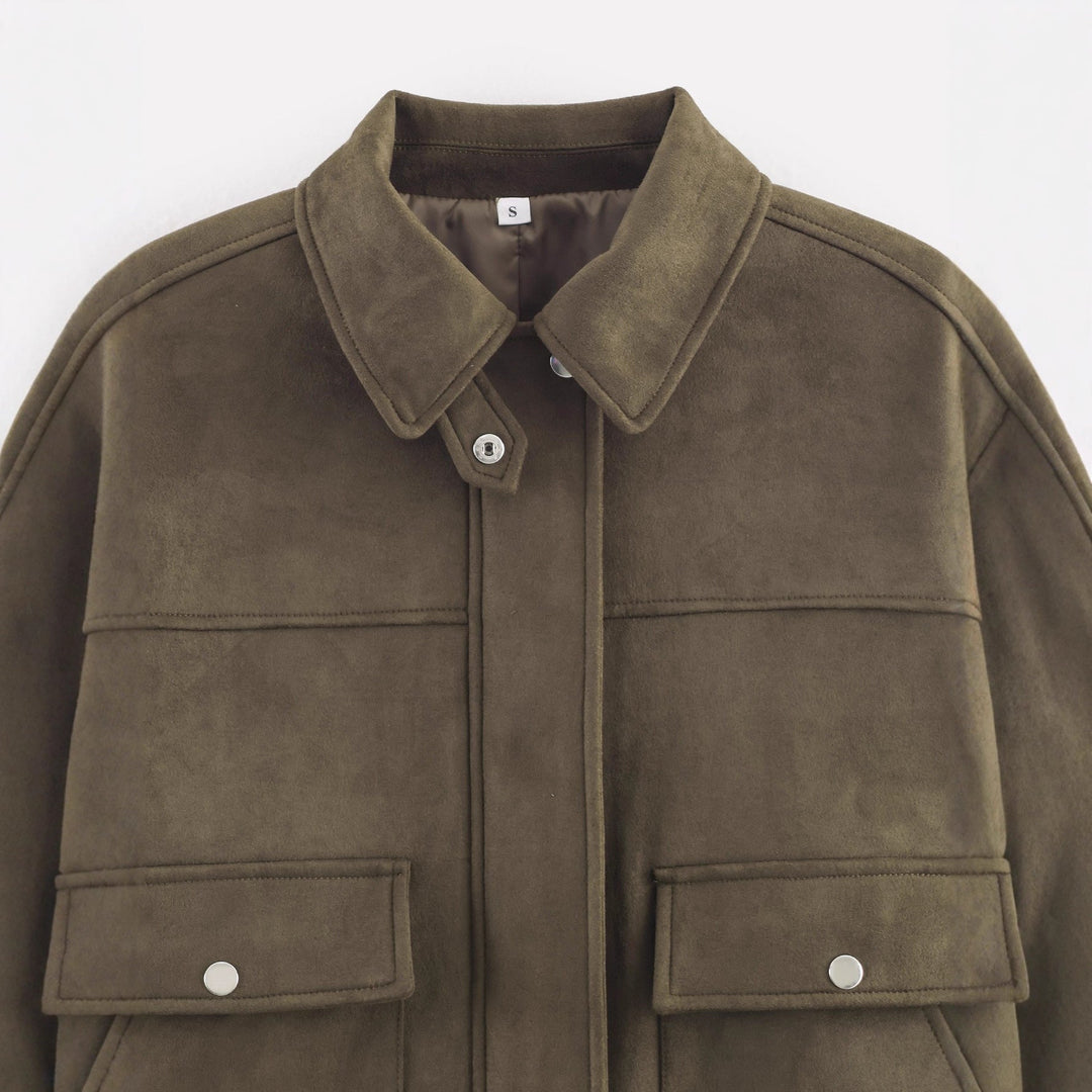 Dam kort skärning mocka look Utility jacka med Flap fickor