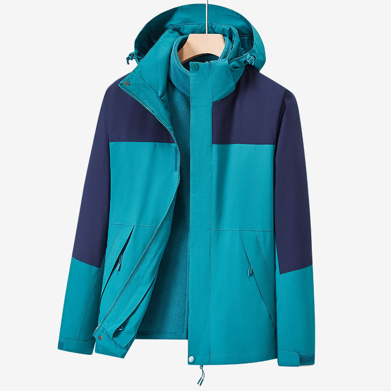 Unisex två-layer vattenavvisande utomhusjacka med huva och färg block design