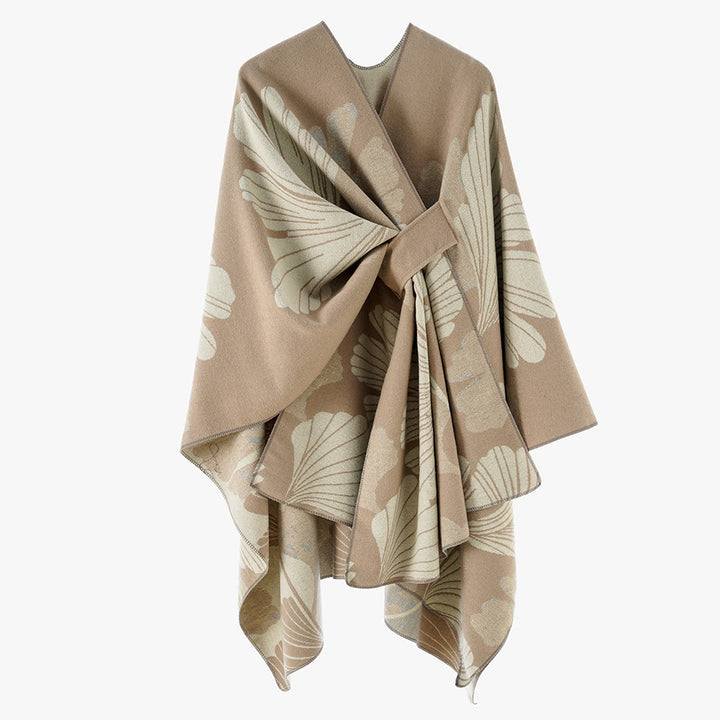 Dam Oversized Jacquard Cape Gjord av Ullblandning med Blommig Jacquard och Fram Loop