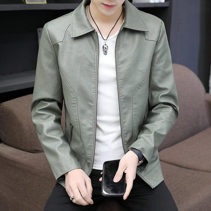 Herr Smal Artificial Läder Blouson med Skjorta Krage och Ergonomic Axel Quilting