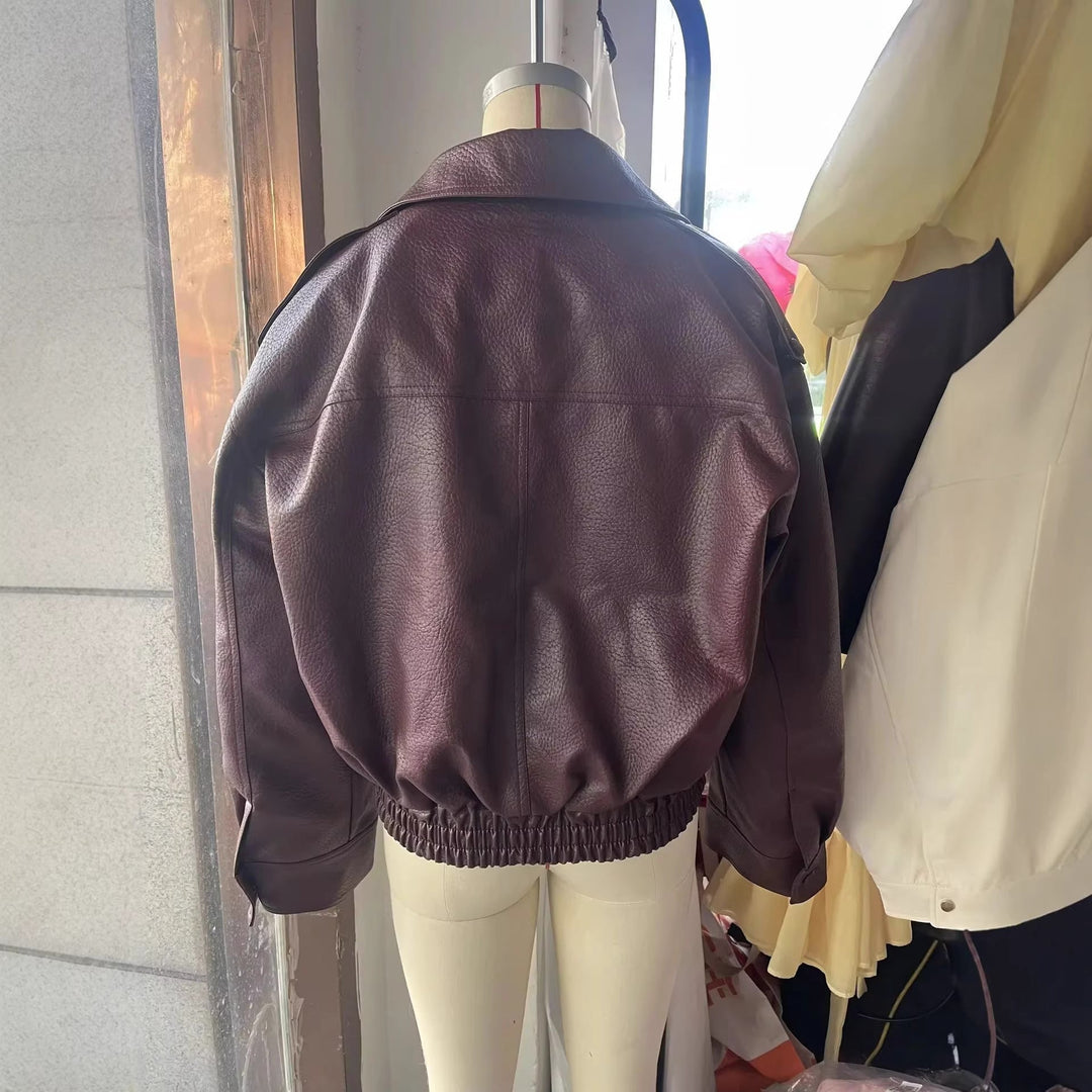 Dam cropped double-breasted konstläder blouson med bred krage och elastisk fåll