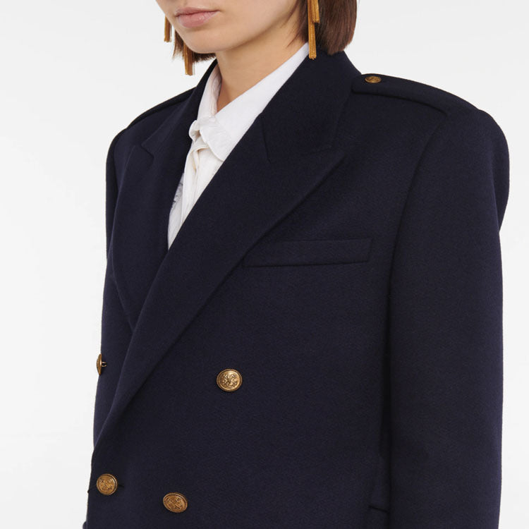 Dam Double-breasted ullblandning lång kappa med Epaulettes och Structured Tailoring silhuett