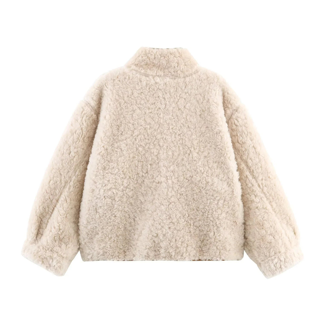 Dam kort oversized lambskin look jacka med sjalkrage och stor påsydda fickor