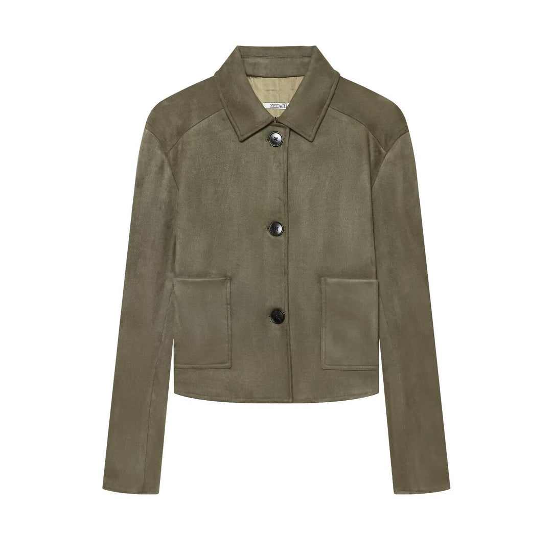 Dam Kort Skärning Suede Blazer med Skjort Krage och Patch Fickor