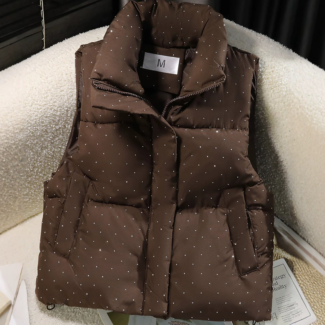 Dam non-quiltad sleeveless thermal väst med high standing krage, concealed dragkedja placket, och fine dot tryck