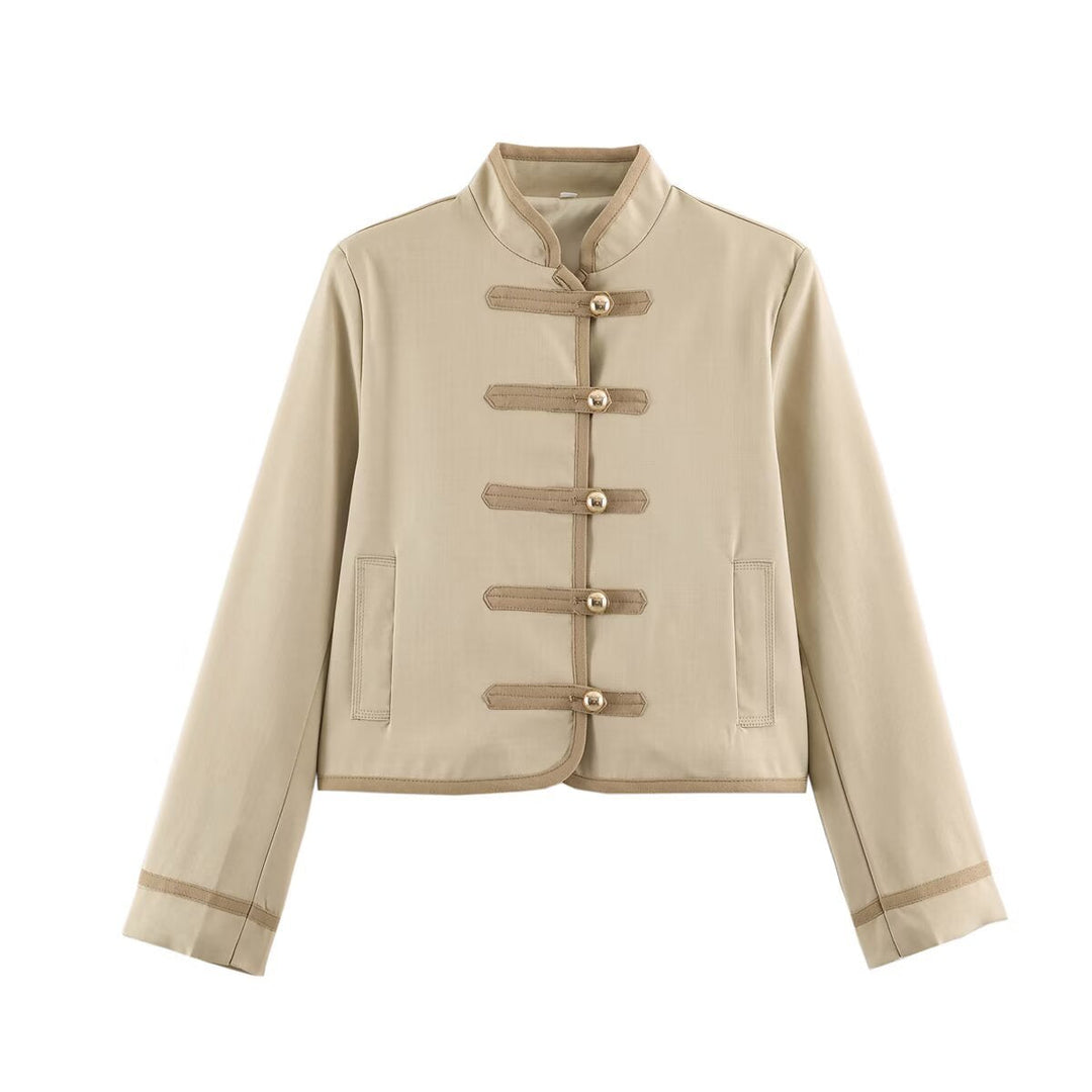 Dam Kort Stå Krage Jacka med Dekorativ Toggle Fastenings och Boxig Skärning