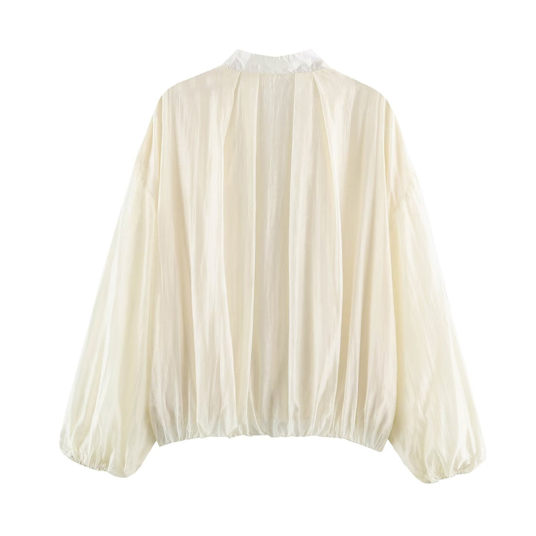 Dam Lätt Semi-Transparent Blouson Jacka med Balloon Ärmar och Metal Dragkedja