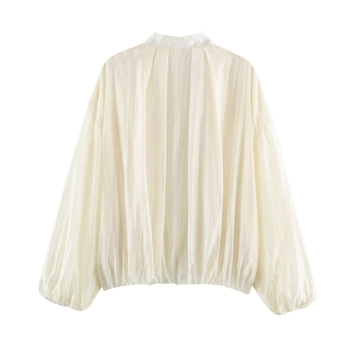 Dam Lätt Semi-Transparent Blouson Jacka med Balloon Ärmar och Metal Dragkedja