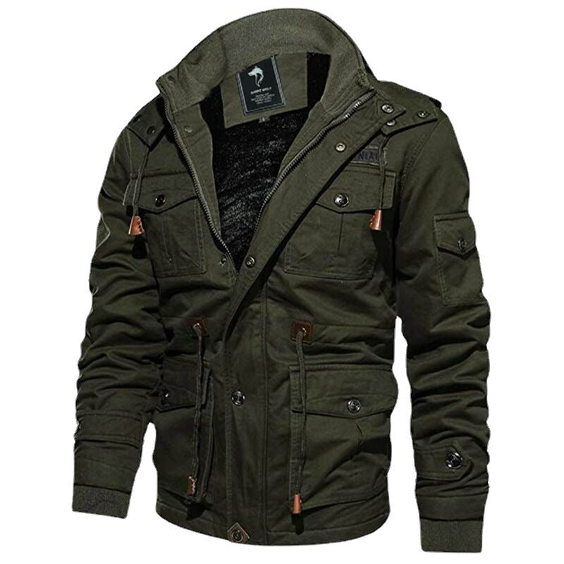 Herr Military-Inspired Canvas Fältjacka med Huva, Dragsko Midja och Fleecefoder