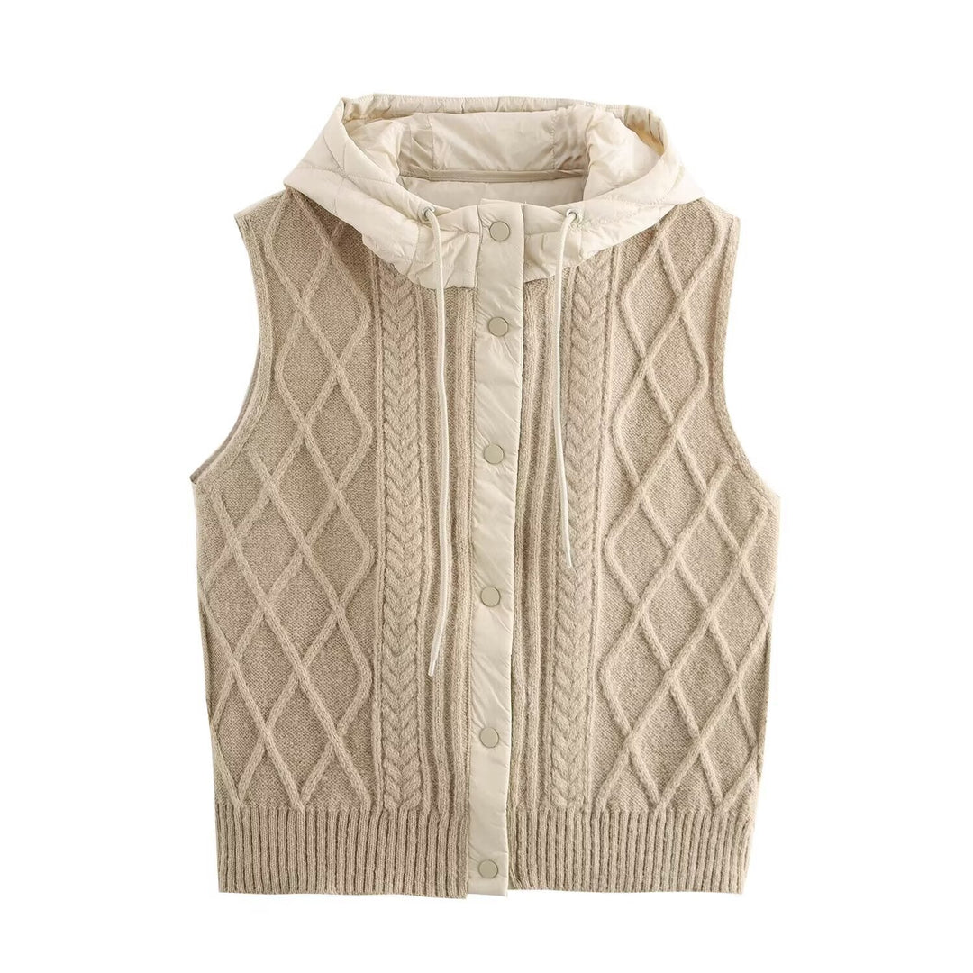 Dam Sleeveless Stickad Väst med Quiltad Huva och Tryckknapp Knapp Knäppning