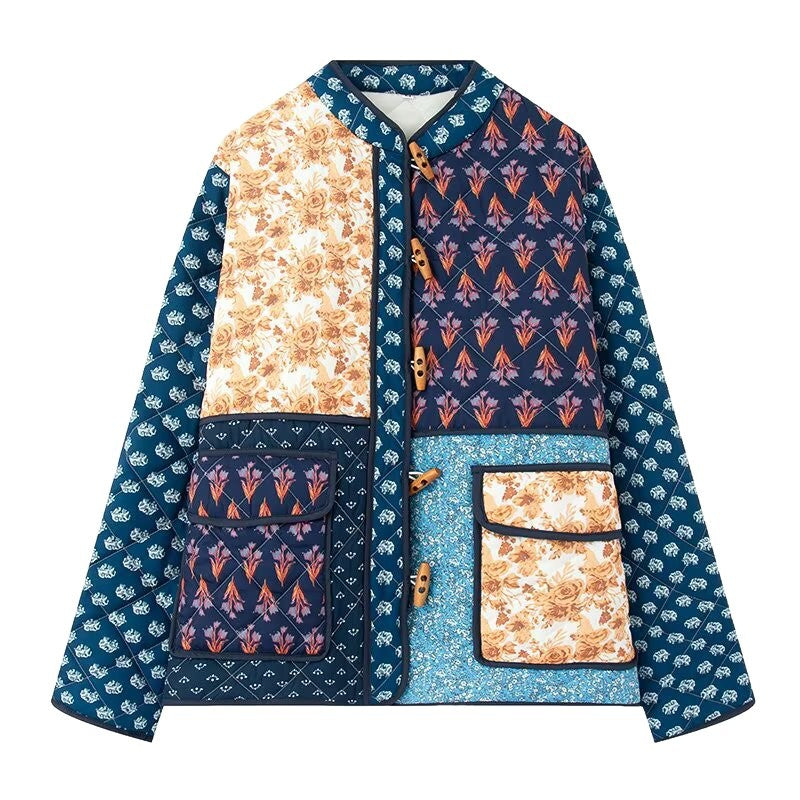 Dam Vadderad Patchwork Quiltad Jacka med Toggle Stängningar och Utanpåfickor