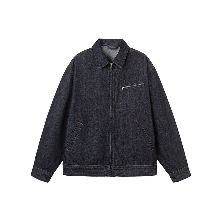 Herr lös passform Denim Worker Jacka med dold dragkedja och Slanted bröstficka