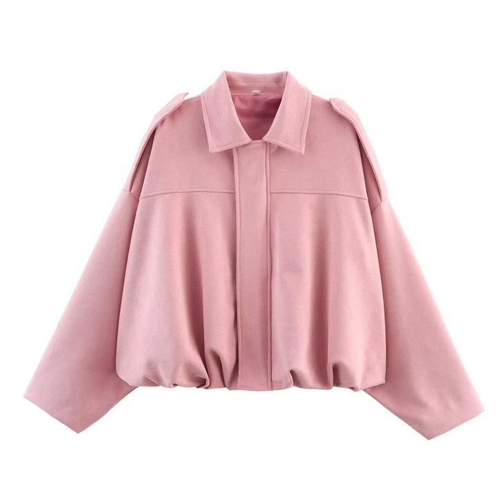 Dam Kort Oversized Blouson Jacka i Velour Look med Fåll med Dragsko och Epaulettes