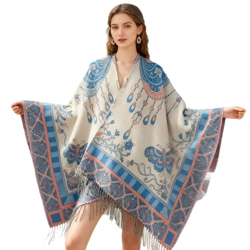Dam Woven kimono poncho med Ornamental Jacquard, V-Neck och fransfåll