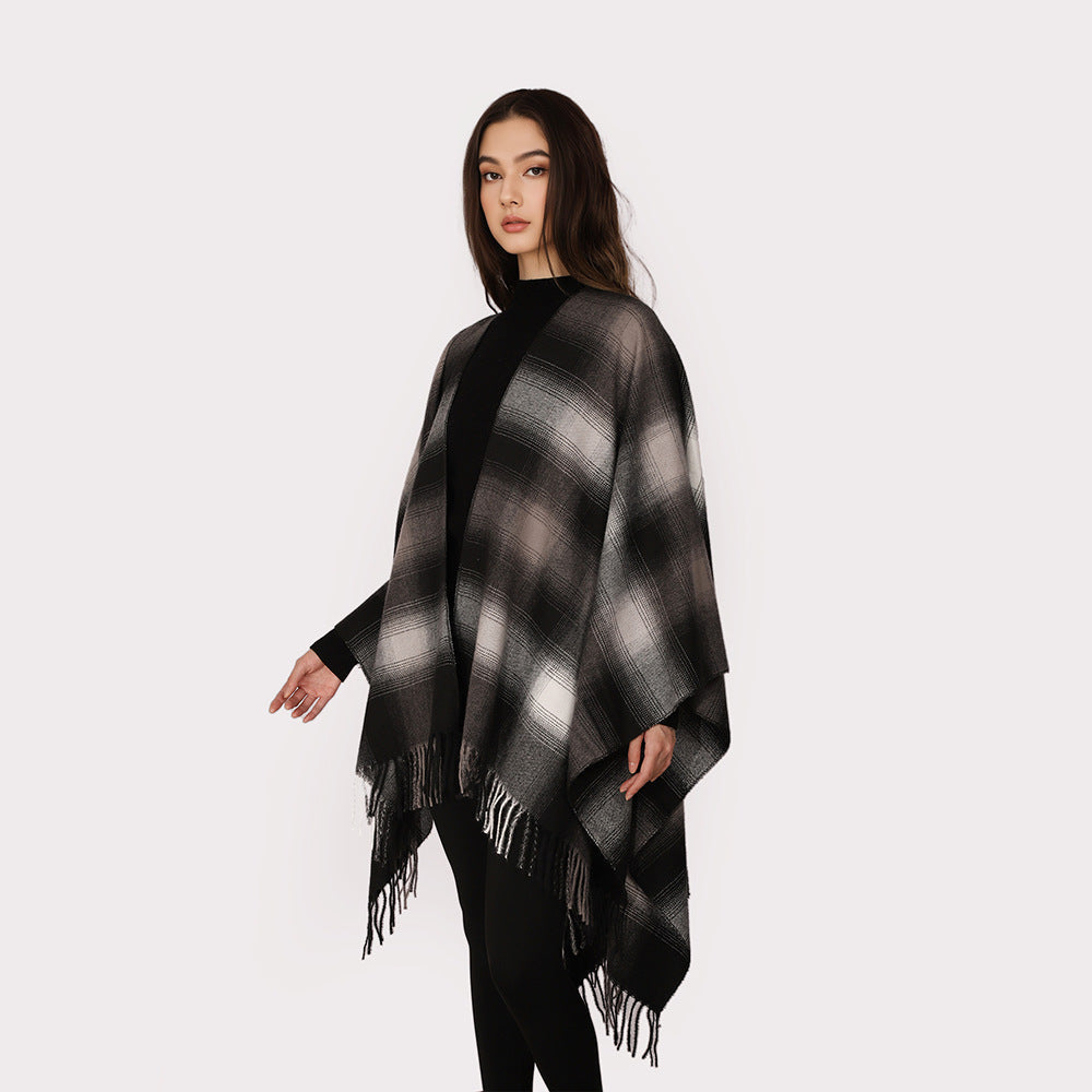 Dam Oversize ullblandning poncho Cape med Ombre Check mönster och fransfåll