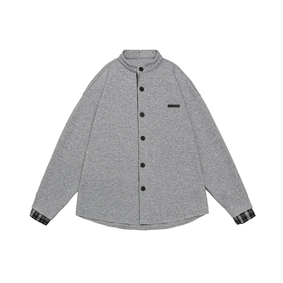 Unisex Oversized Skjorta Jacka i Sweat Overlay med Ståkrage och Rutig Inner Cuff