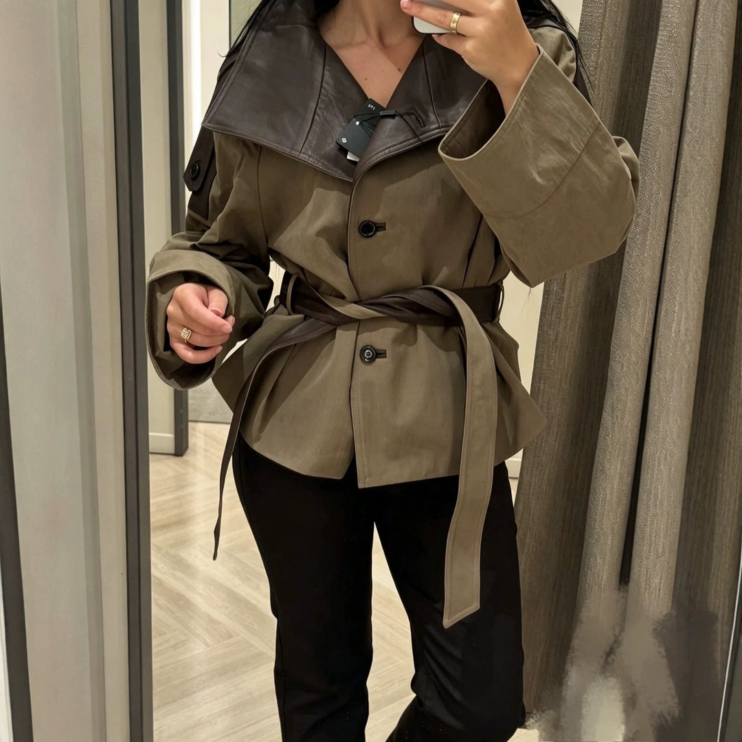 Dam Kort Jacka med Oversize Läder Krage och Tie Belt