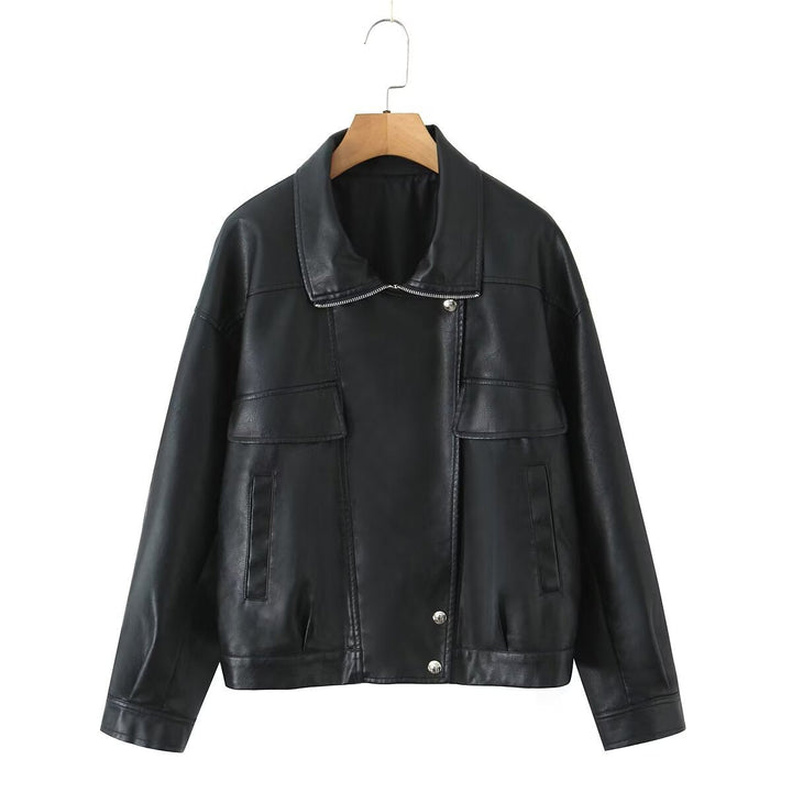Dam Oversized Konstläder Blouson Jacka med Asymmetric Dragkedja och Lockfickor