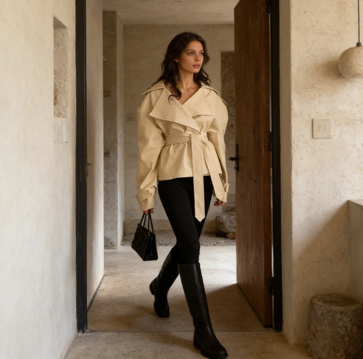 Dam kort trenchcoat med Double knappslå, midjebälte, och Shoulder Straps