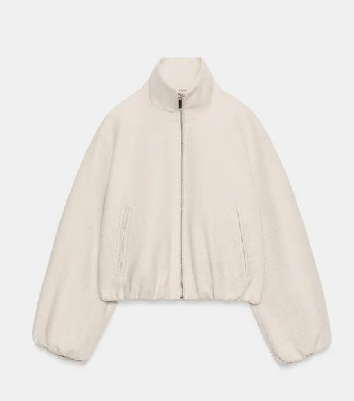 Dam Kort Skärning Bouclé Blouson Jacka med Stå Krage, Elastic Nederkant och Balloon Ärmar