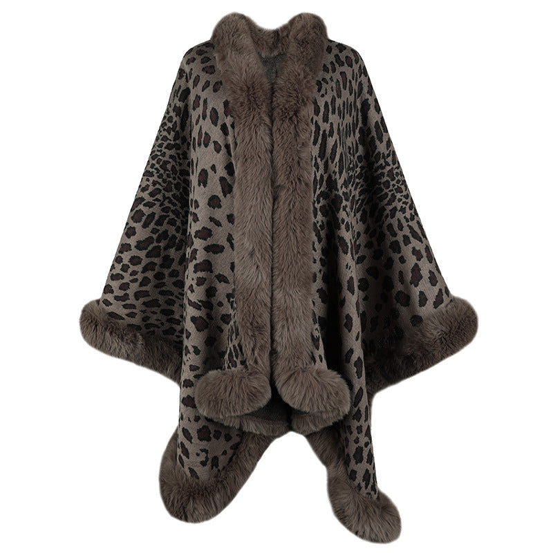 Dam Cozy Poncho med Luxurious Fusk Päls Trim och Leopard Tryck