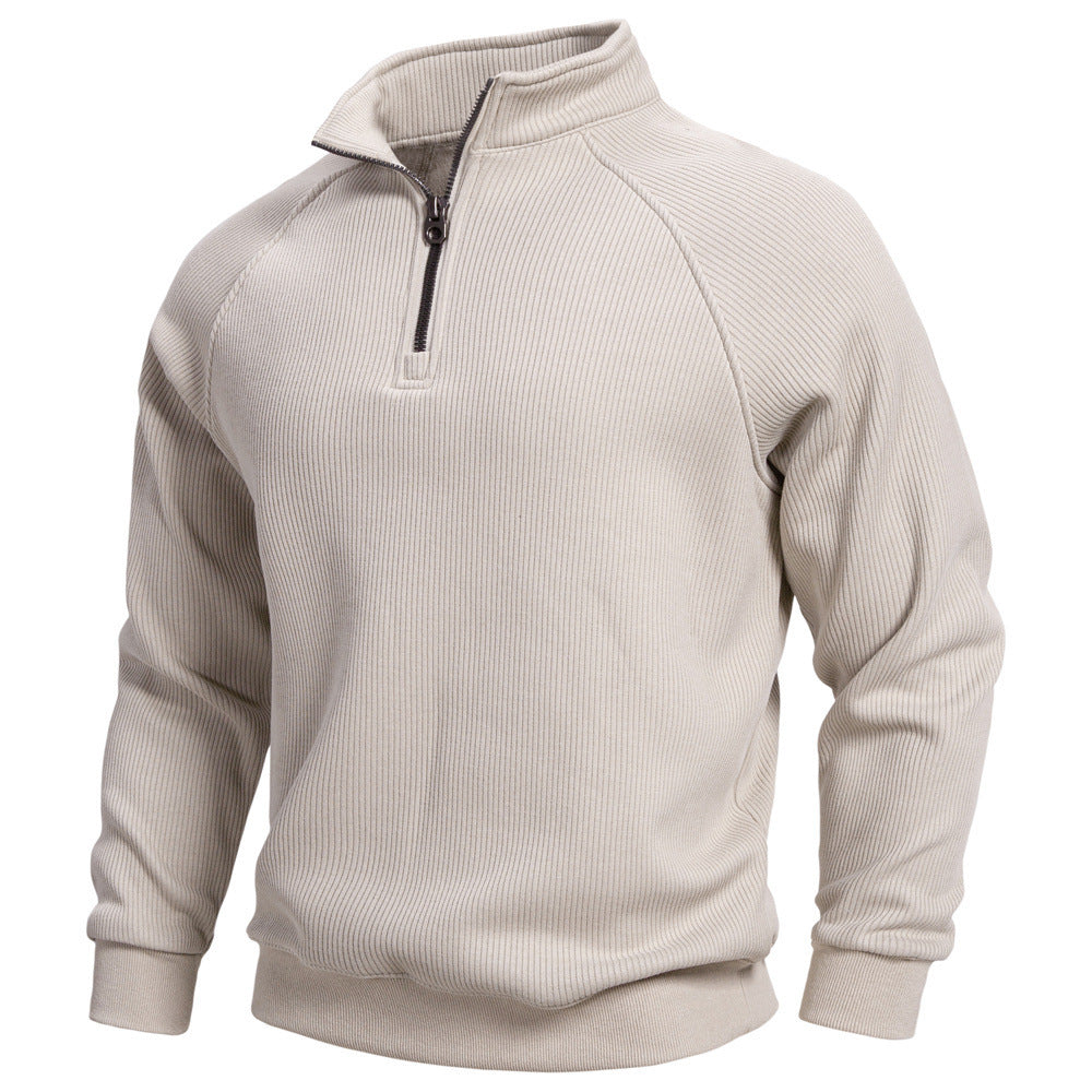 Herr Fin Ribbad Halv Dragkedja Pullover med Ståkrage, Raglanärmar, och Elastiska Muddar