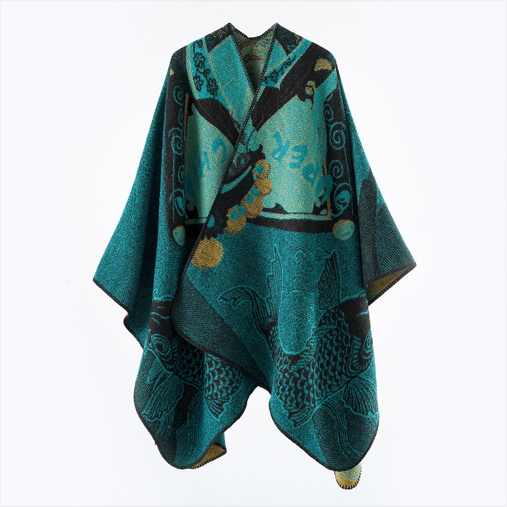 Dam Jacquard stickad Cape med Koi Motif och bred Oversize Fall
