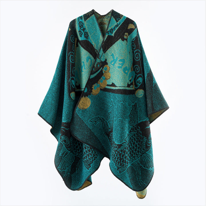 Dam Jacquard stickad Cape med Koi Motif och bred Oversize Fall