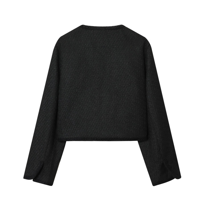 Dam kort-skärning Boucle jacka med braided kant och gold decorative knappar