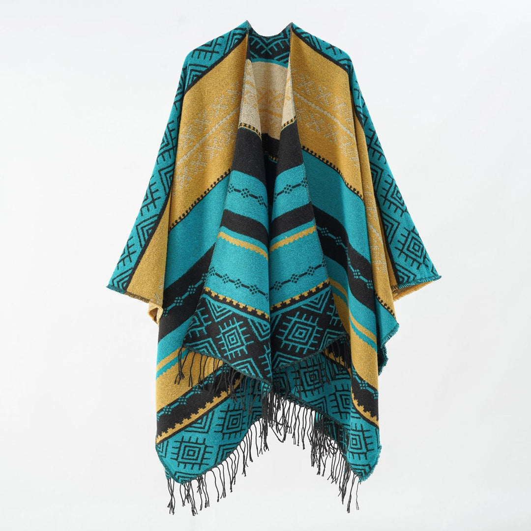 Dam Woven Jacquard poncho med Geometric Ethno mönster och Fringed fåll