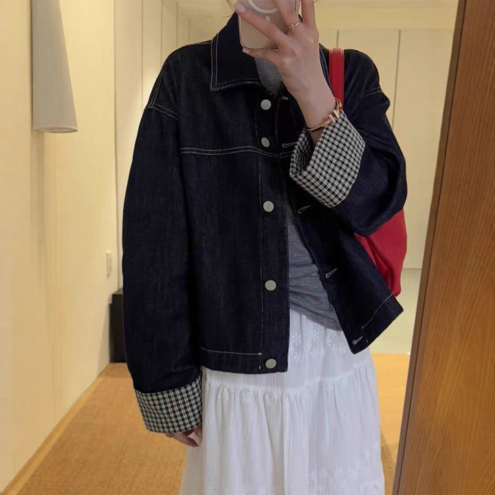 Dam oversize denimjacka med kontrasterande rutig foder och mudd Roll