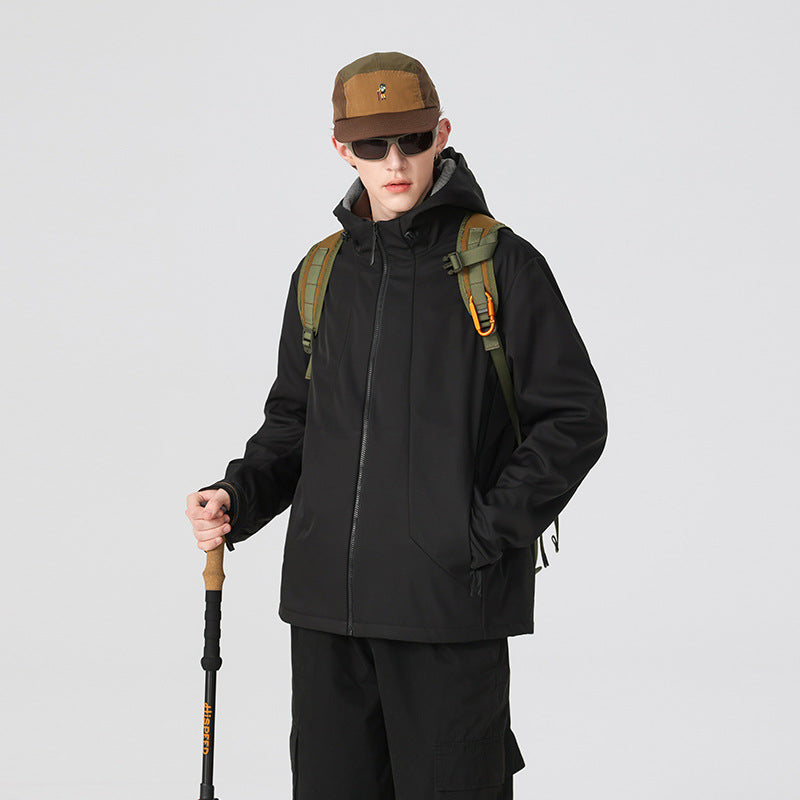 Herr Minimalistisk Softshell Regn Jacka med Dold Dragkedja, Integrerad Huva, och Andningsbar Mesh Foder