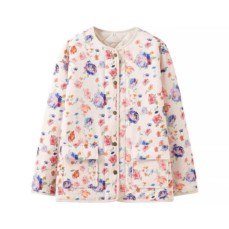Dam lätt quiltad shacket med rund hals, snap button front och stor flap fickor