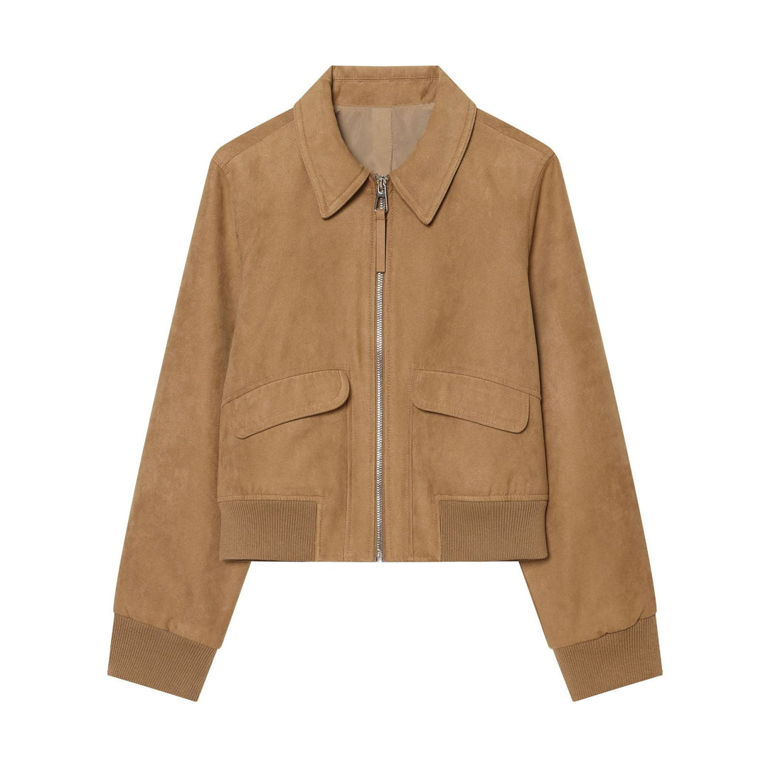 Dam Kort Suede Bomber med Dragkedja, Lock Fickor och Ribbed Nederkant