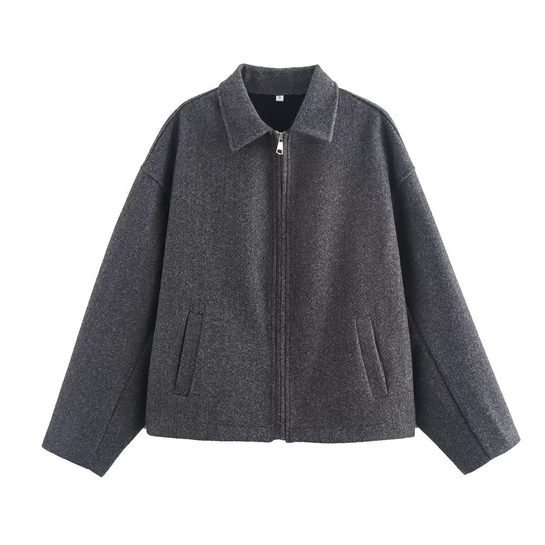 Dam Oversize Ull Blend Boxig Jacka med Full Dragkedja och Side Fickor