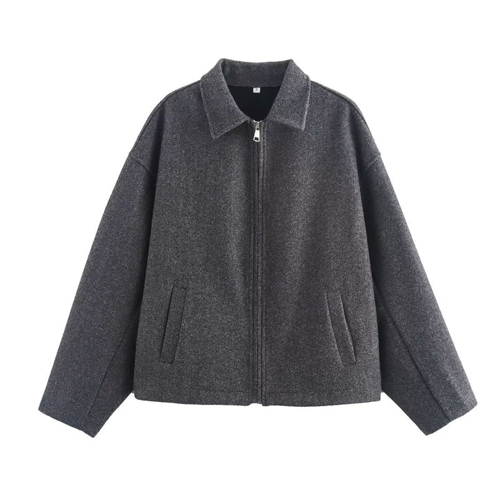 Dam Oversize Ull Blend Boxig Jacka med Full Dragkedja och Side Fickor