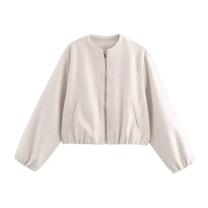 Dam Kort Ull Look Kort Jacka med Dragkedja, Round Neck och Balloon Ärmar