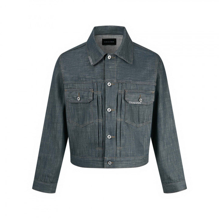 Herr cropped denimjacka med vertikala sömmar, utanpåfickor, och boxig siluett
