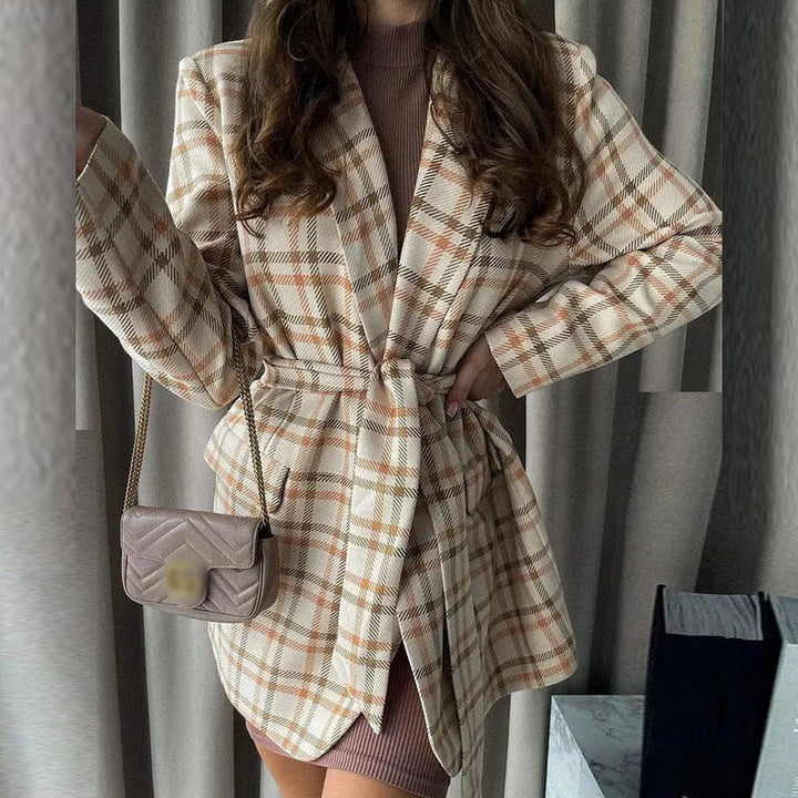Dam oversized rutig kappa blazer med midjebälte och påsydda fickor