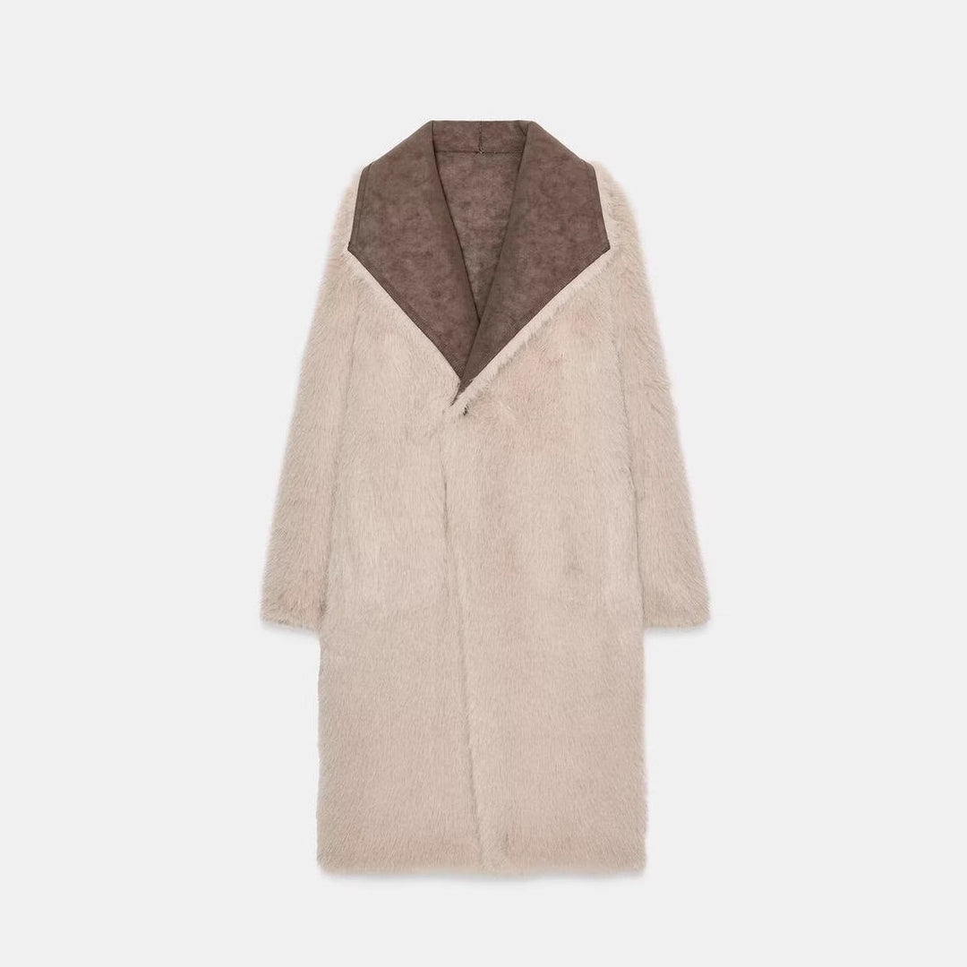 Dam Lång Konstpäls Shearling Kappa med Oversized Sjalrakrage och Utanpåfickor