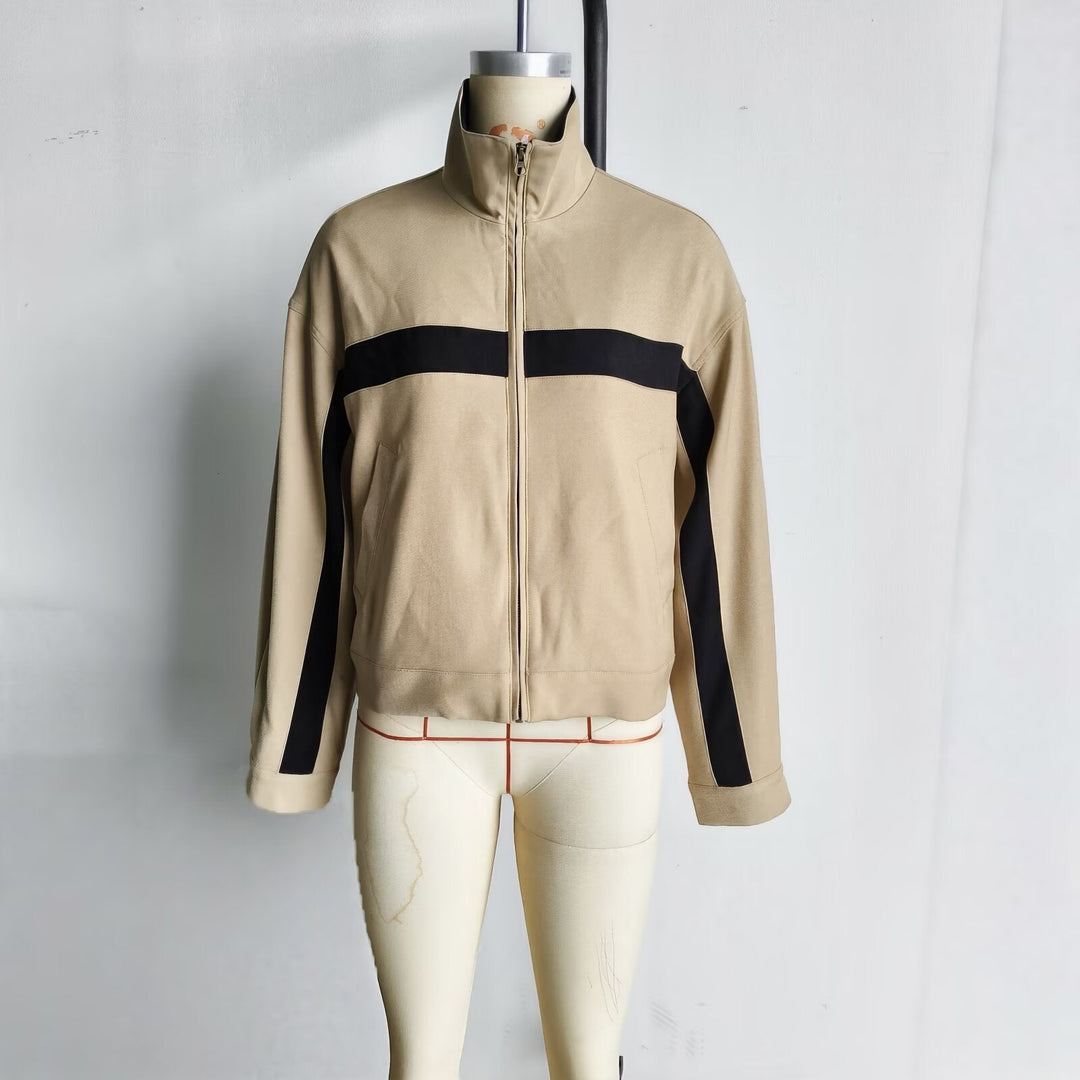 Dam Boxig Kort Övergångsjacka med Stå Krage, Contrast Stripes och Patch Fickor