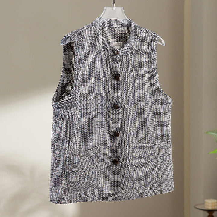 Dam ärmlös Textured Knit väst med Round Neckline, knappslå och utanpåfickor
