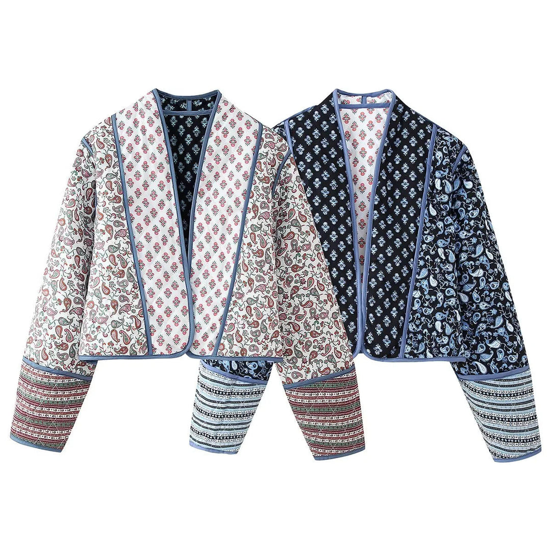 Dam reversible patchwork quiltad jacka i kimono stil med kontrasterande ärmar