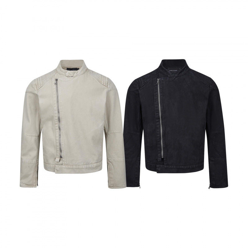Herr Asymmetric Kort Jacka i Biker Stil med ståkrage och Diagonal metall Dragkedja