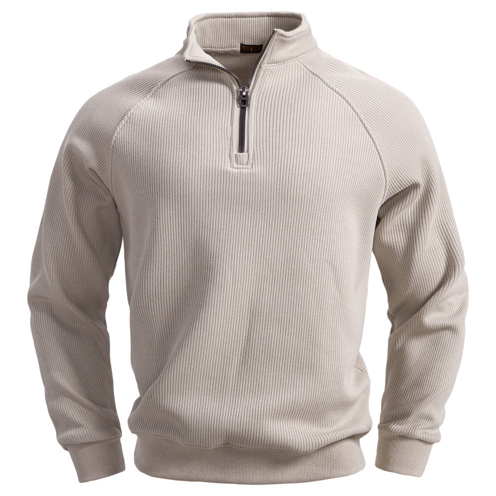 Herr Fin Ribbad Halv Dragkedja Pullover med Ståkrage, Raglanärmar, och Elastiska Muddar